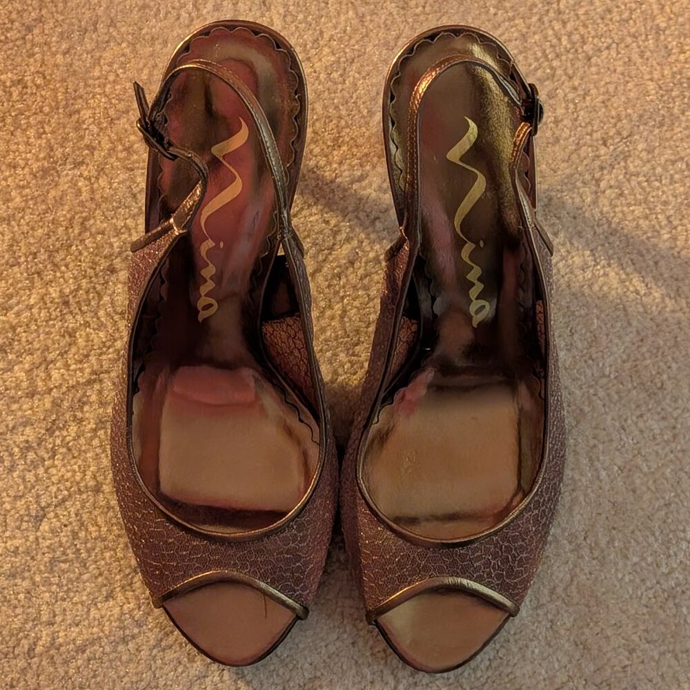 Nina Bronze Open Toe High Hill Slingback Sandals 9.5/10